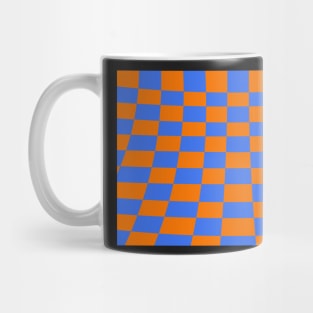 Warped perspective coloured checker board effect grid orange and blue Mug